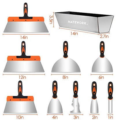 MATEWORK Putty knife,10 Piece Stainless Steel Paint Scraper Tool Set,14" Mud Pan for Repairing Drywall, Removing Wallpaper, Applying Putty, Plaster, Cement, Adhesive | 304 Hardened Stainless Steel, Complete Multi-Size, Rust and Corrosion Resistant, Versat