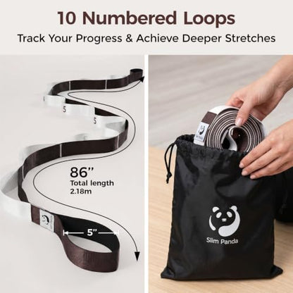 Slim Panda Stretching Strap with Loops - Non-Elastic Heavy Duty Nylon Yoga & PT - Oversized Multi-Loop Home Rehab - Hamstring Shoulder Pilates Flexibility - color: Beige
