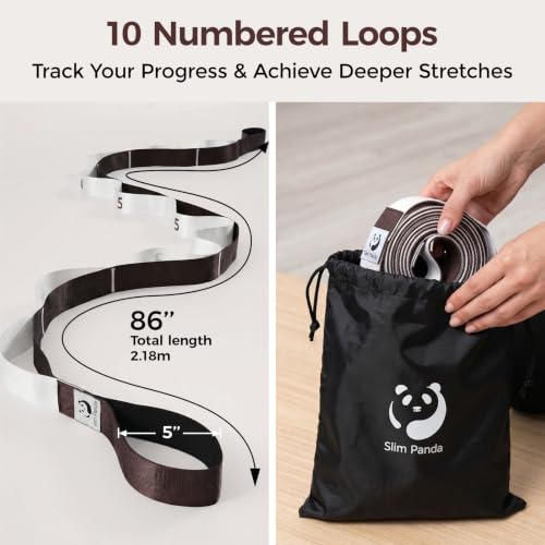 Slim Panda Stretching Strap with Loops - Non-Elastic Heavy Duty Nylon Yoga & PT - Oversized Multi-Loop Home Rehab - Hamstring Shoulder Pilates Flexibility - color: Beige