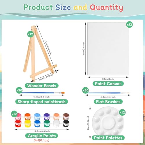 120pcs 8x10 Inch Painting Supplies Kit, 12 Colors Mini Acrylic Paint Set | 12 Pack Art Canvas Bulk with Easel Stand, Small Paint Brushes, Paint Trays, Paint Canvas Kit