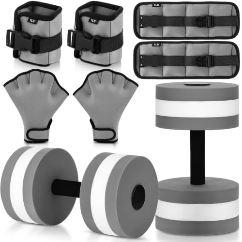 Hollowfly 6 Pcs Water Aerobics Equipment Set Full Body Pool Exercise Kit, 2 Aqua Dumbbells, 2 Adjustable Ankle/Wrist Weights, 2 Webbed Swim Gloves, Low Impact Aquatic Workout Gear - color: Grey, size: 1lb