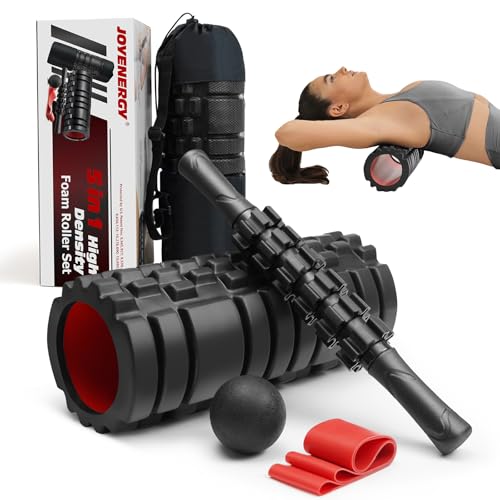 5 in 1 Foam Roller Set High Density Patented Foam Roller for Exercise | Foam Roller Massage Stick, Massage Ball, Resistance Band for Deep Muscle Massage Pilates Yoga Trigger Point Release Black - color: Pure Black