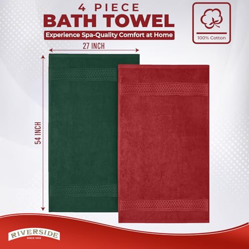 RIVERSIDE 4 Pack Luxury Large Bath Towels, 27x54 Inches, 600 GSM | 100% Cotton, Larger & Lightweight Towels for Shower & Bathroom, Highly Absorbent & Quick-Dry, Perfect for Daily Use - color: Red and Hunter Green, size: Bath Towels - 4 Pack