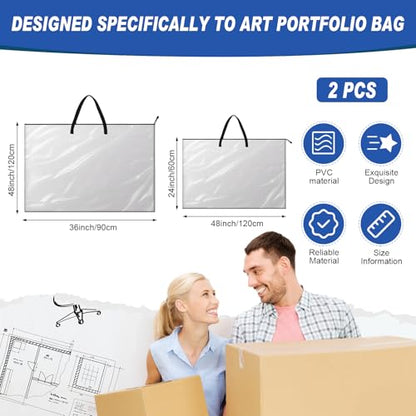 Tenceur 2 Pcs Art Portfolio Case 24 x 36 and 48 x 36 Inch Large Poster Storage Bag PVC Art Portfolio Container with Zipper and Handle Bulletin Board Clear Storage Folder for Artwork