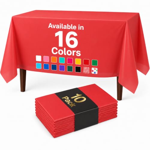 Auros 10-Pack Plastic Tablecloths, 54x108 Inch Disposable Table Covers, 8FT | Rectangle Waterproof & Throw Away Table Cloth, Easy Cleanup for Party, Wedding, Graduation, BBQ, Fits 6-8ft Tables, Party Red - color: Party Red, size: 54" X 108" Rectangle