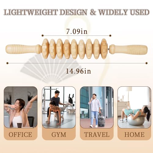 Liitrton Manual Wooden Massage Roller Stick for Muscle Relief, 9‑Wheel | Smooth Body Roller, Wood Therapy Massage Tools for Trigger Point Relief, Legs Sore Muscle Recovery - size: 15.35 Inch (Pack of 1)