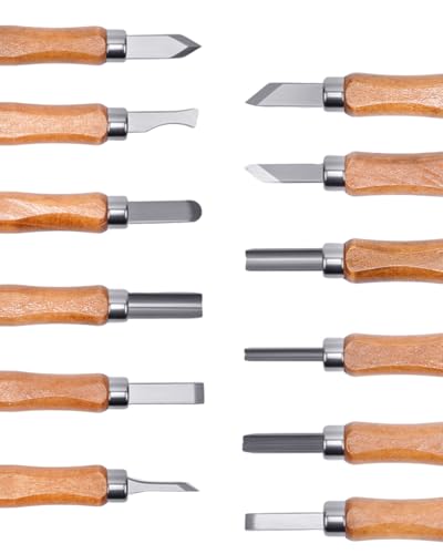UCEC 12 Pack Linocut Wood Carving Tools Set Wood Carving Kit Whittling Gift | Wood Carving Tools with V-Chisel, Angled Gouge & Half Round Knives for Linoleum Carving, Whittling, Printmaking Supplies - color: Wooden-12 Pack