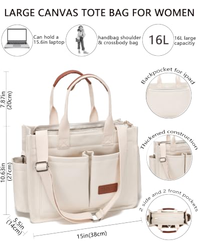 ZHMO Canvas Tote Bag for Women,Women's Bags Crossbody Bags Work Laptop Tote Bag Large Handbags Purse for Travel Nurse Teacher - color: New Upgrade White With Compartments and Side Cup Holders