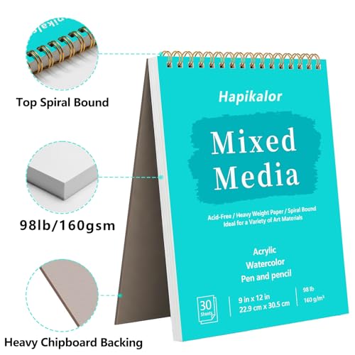 Mixed Media Sketchbook 9"x12" Multimedia Sketchbook, 30 Sheets Sketch Book | Top Spiral Bound Sketch Book, 98lb/160gsm Mixed Media Paper, Watercolor Paper Sketch Pads for Drawing, Painting, Art Supplies - size: 9" x 12"