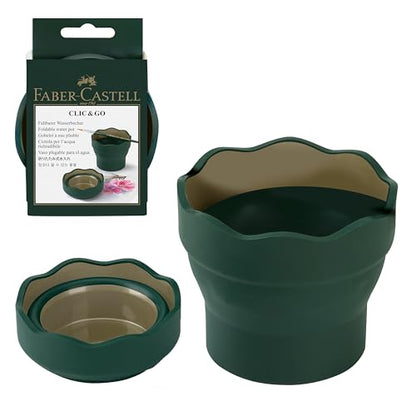 Faber-Castell Clic & Go Artist Water Cup, Dark Green - Travel-Friendly Collapsible Brush Cleaner Tool with Brush Stand, Scalloped Rim, Non-Slip Base, Portable Palette & Rinser - size: 1 Count (Pack of 1), style: Dark Green