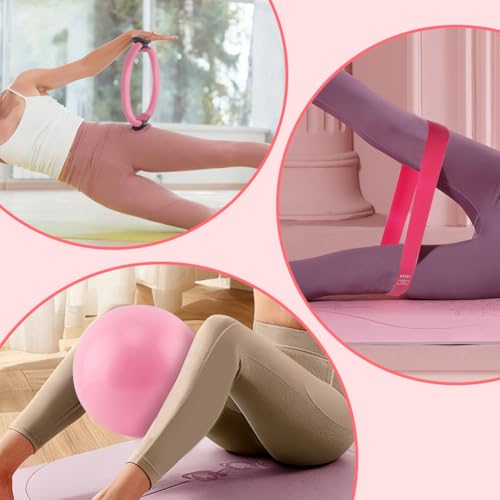 Pilates Ring and Ball Set with Resistance Bands, 14'' Circle Ring, 9.8” Pilates Ball and 5 Resistance Bands Home Workout Kit for Women Training Core, Full Body Exercise