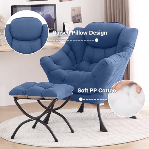 Tiita Lazy Chair with Ottoman, Comfy Reading Accent Chair, Blue | Foldable Footrest, Padded Seat and Backrest, Side Pocket for Lounging in Living Rooms, Bedrooms, Dorms and Small Spaces - color: Blue