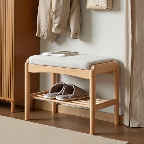Solid Wood Shoe Bench, Small Entryway Bench with Light Gray Cushion - color: Natural + Light Gray Cushion, size: 17.71"