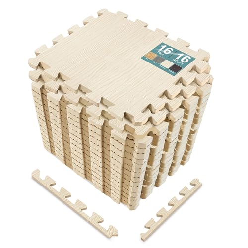 Sorbus Wood Grain Foam Floor Tiles (16 Tiles, 16 Sq Ft, Light Pine) | Interlocking mats for basement flooring; each tile covers 1 square foot and is 3/8-inch thick for home, office or playroom. - color: Wood Grain - Light Pine