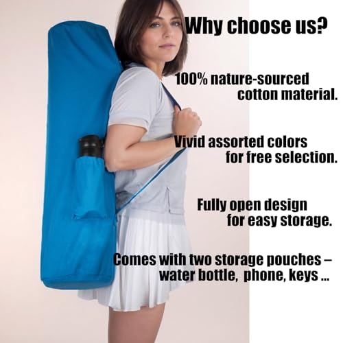 Cotton yoga mat bag with Pockets and Adjustable Strap - Full Zip Cargo Yoga Mat Carrier Bag - Bag for 1/4" 1/3" Thick Yoga Mat - color: Blue, size: XL
