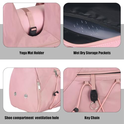 Forestfish Gym Bag For Women With Yoga Mat Holder, Pink | Shoe Compartment, Wet Dry Storage Pocket, Removable Shoulder Strap, Lightweight & Water Resistant - color: Pink