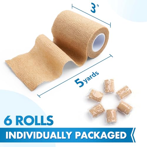 LotFancy Self Adhesive Bandage Wrap, 6 Pack, 3 inch x 5 Yards Non Woven Cohesive Bandage, First Aid Medical Tape for Sports Athletic Wrist, Ankle, Sprains & Swelling - size: 3x180 Inch (Pack of 6)