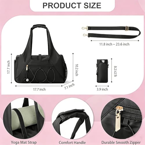 Gym Bag for Women, Yoga Mat Bag with Shoe Compartment and Wet Pocket, Sport Yoga Gym Bag with Yoga Strap, Carryall Yoga Tote Bag - color: Black