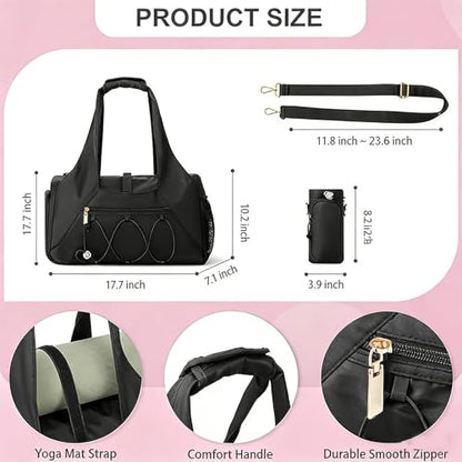 Gym Bag for Women, Yoga Mat Bag with Shoe Compartment and Wet Pocket, Sport Yoga Gym Bag with Yoga Strap, Carryall Yoga Tote Bag - color: Black