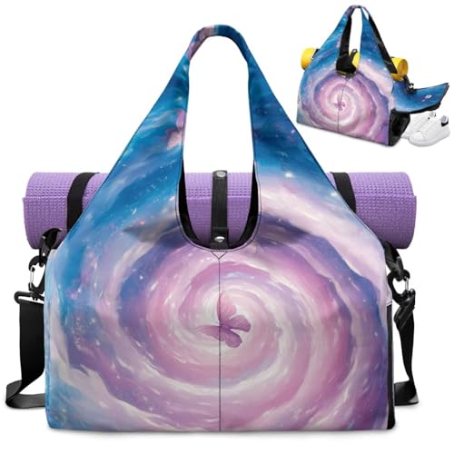 Gym Bag with Yoga Mat Holder Large Tote Bag With Multi Pockets for Women Men Dry Wet Separated Pocket Carryall Yoga Tote Bag for Pilates Travel Workout Office - color: Butterfly Tie-Dye