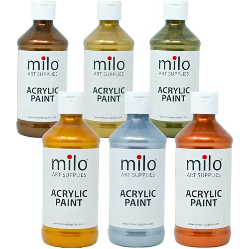 milo Metallic Acrylic Paint Set, 6 Metallic Colors, 8 oz Bottles | Safe and AP Non-Toxic, Made in the USA, Arts & Crafts Paints for Artists, Student & Hobby Painters, Paint Pack, Multi-Media - style: Metallic Set 6 x 8 oz