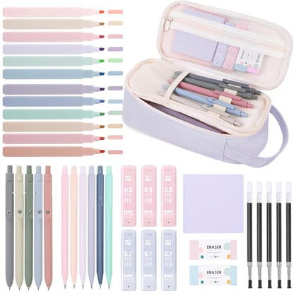 SKYDUE Cute School Supplies Kit, 38 PCS Aesthetic Stationery Set with Large Pencil Case, Pens, Mechanical Pencils, Highlighters & Sticky Notes for School, College Purple - color: Purple