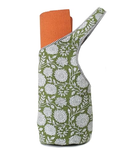 INDIAN CRAFT CASTLE Yoga Mat Bag | Tote Mat Bag | Sling Yoga Tote w/Large Side Pocket & Zipper Pocket | Yoga Mat Carrier Fits Most Size Mats - color: Green & White