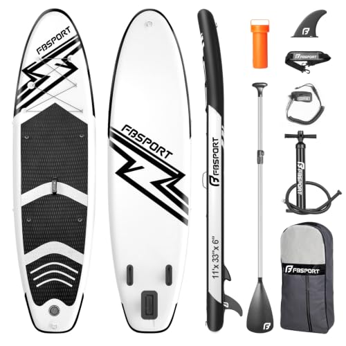 FBSPORT 11' Premium Stand Up Paddle Board, Yoga Board with SUP Accessories & Carry Bag | Wide Stance, Surf Control, Non-Slip Deck, Leash, Paddle and Pump for Youth & Adult - color: Black White