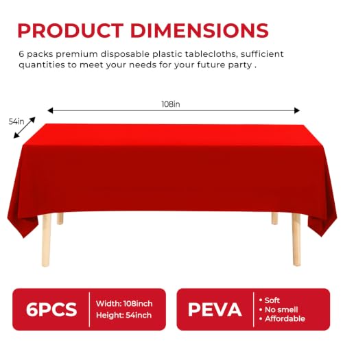 6 Pack Premium Disposable Plastic Tablecloth 54" x 108" Party Table Cloths Disposable for 6 to 8 Foot Tables Indoor or Outdoor Parties Birthdays Weddings Christmas Anniversary Buffet Table (Red) - color: Red