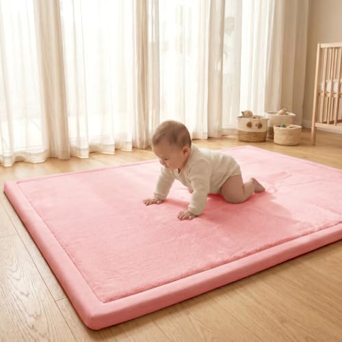 ACOMOPACK Baby Play Mat for Floor,1.3" Thick Elasti-Foam 59"×71" Non-Slip Water Repellent,Non-Toxic Playpen Mat for Infants Toddlers Kids, Ultra Soft Coral Velvet for Tummy Time Crawling（Pink） - color: Pink, size: 59"×71"