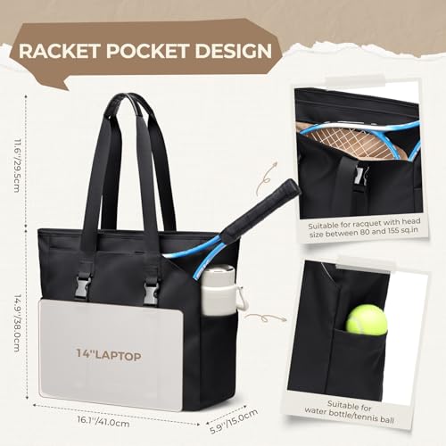 Tennis Tote Bag for Women with Yoga Mat Straps, Racket Holder Bags, 24L Lightweight Sports Bag with Wet Pocket - color: Black