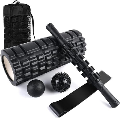 6 in1 Foam Roller Set, Trigger Point Foam Roller, Yoga Stick, Massage Ball, Fixation Ball, Fitness Stretching Strap, Carrying Bag, Towel for Deep Muscle Massage Pilates Yoga - color: Black