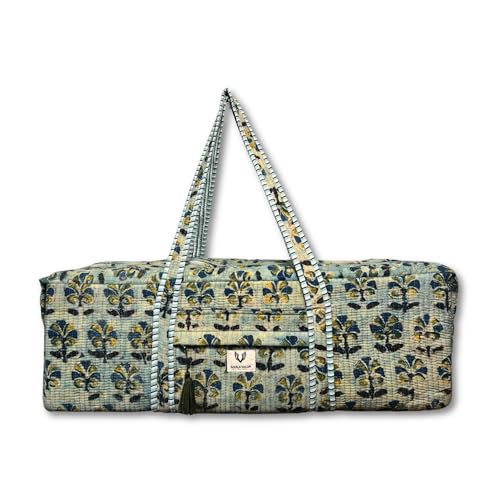 Large Capacity Handblock Printed Yoga Mat bag for Women, Gym Bag, Fits Yoga Blocks, Adjustable strap, Pilates, Gym, Fitness Block & Gear, Light and Durable - color: Meadow Haze