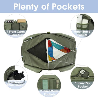 Sportsnew Tote Yoga Mat Gym Bag 20L Women W/Shoe Compartment Wet Dry Pocket | Water-Resistant Gym Tote - Mat Strap, Ventilated Shoe Bin, Wet Pocket, Padded Handle, Multi Pockets, Side Mesh & Key Clip - color: Army Green