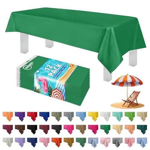 Grandipity Plastic Table Cloth Disposable 12 Pack 54” x 108” Rectangle | Green Plastic table covers, durable disposable tablecloths, fade and tear-resistent table cover for party, event