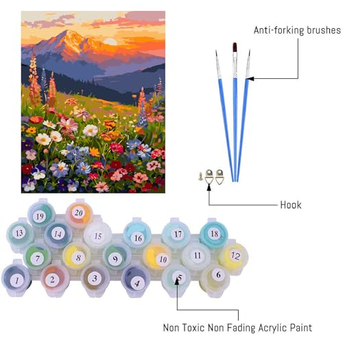 Clendo Landscape Paint by Numbers Kit for Adults Beginner, Flower Mountain Adult Paint by Number Kits on Canvas, Sunset Oil Painting Kit for Beginners Gift Home Wall Decor 16x20 Inch - color: MT22492-US, size: Frameless
