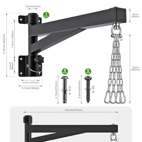 BeneLabel Heavy Bag Hanger for Punching Bag Beam Mount Hardware 360° Rotation Boxing Bag Ceiling Mount I-Beam Hanger for Hanging Heavy Punching Bags Wall Hangers - color: 24" Black wall hanger with steel chain