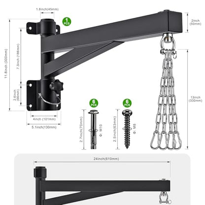 BeneLabel Heavy Bag Hanger for Punching Bag Beam Mount Hardware 360° Rotation Boxing Bag Ceiling Mount I-Beam Hanger for Hanging Heavy Punching Bags Wall Hangers - color: 24" Black wall hanger with steel chain