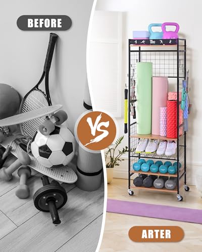 Mythinglogic Home Gym Storage Rack with Wheels for Dumbbells and Yoga Mats - color: Black+Brown