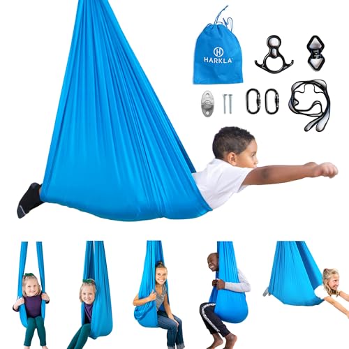 Harkla Sensory Swing for Kids & Adults, Holds 300lbs, Includes 360° Swivel | Hug Like Calming Effect and Durable Soft Stretch Fabric - Easy Assembly, Heavy Duty Hardware and 3rd Party Tested - color: Blue, size: 110" Swing + 5" Swivel
