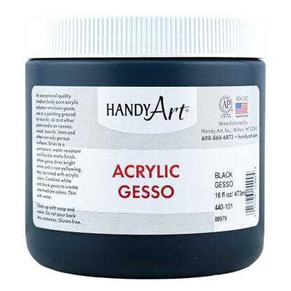 Handy Art Acrylic Gesso, 16 oz, Black, Primer for Canvas, Wood, & Artist Painting Surfaces, Enhances Acrylic Paint Adhesion, Low Viscosity, Thick Coverage, Certified Safe & AP Non-Toxic, Made in USA - color: Black Gesso, size: 16 Fl Oz (Pack of 1)