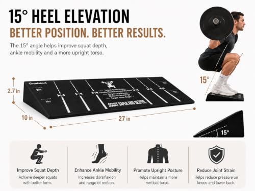 Squat Wedge Block, One-Piece Heel Elevated Slant Board for Squats | 27 x 10 in, 15° incline; stance guides, silicone pads, cross-linked PE for calf stretcher use, lunges and ankle mobility
