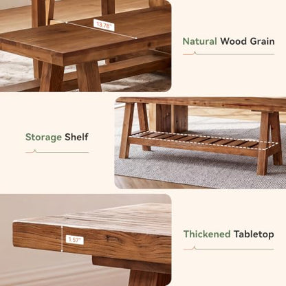 Solid Wood Dining Bench, 55-Inch Long Bench with Open Storage Shelf, 2-Tier Farmhouse Indoor Seating for Dining Room, Kitchen and Small Spaces, Brown