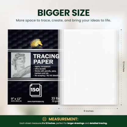 MyArtscape Tracing Paper Pad - 9 x 12 in 150 Sheets 33 lb | Transparent tracing paper for drawing with 33 lb acid free paper for pencils pens markers and ink