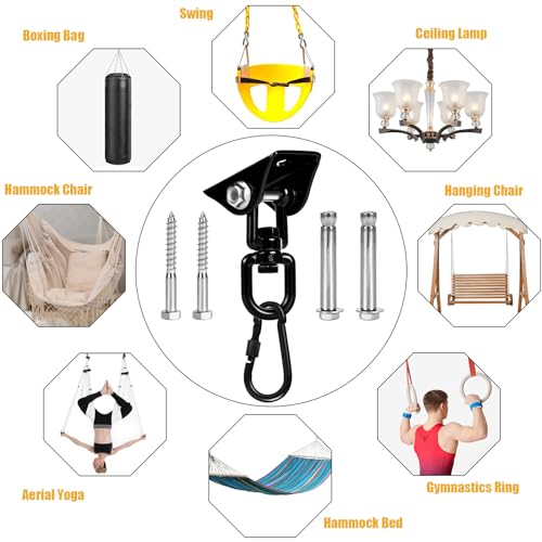 Hammock Hanging Kit Heavy Duty 360° Rotating Hanging Swing Hooks Stainless Steel Hammock Chair Hanging Kit Swing Ceiling Hook Snap with 1200LB Capacity for Yoga, Gym, Wood, Concrete (Black) - color: Black