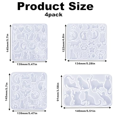 4 Piece Resin Earring Molds ， 60 Unique Shapes UV Cat Resin Molds with Holes Ideal for DIY Silicone Earrings Necklaces Jewelry and Animal Designs Creative Art Gifts - color: Cat