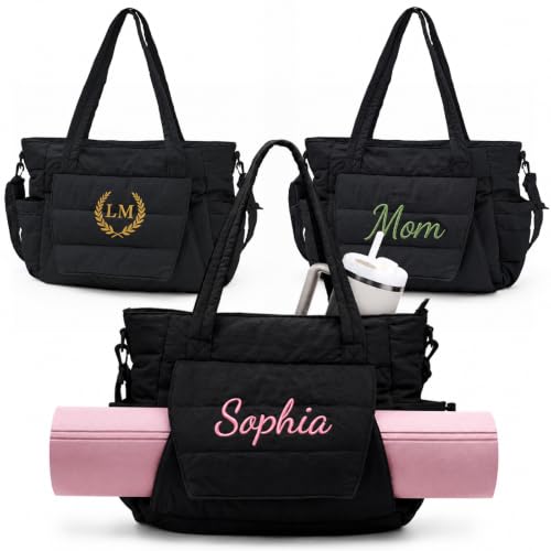 Yoga Tote Bag for Women with Yoga Mat Holder & Luggage Sleeve, Large Pilates Gym Bag with 16" Laptop Compartment, Lightweight Puffer Quilted Travel Tote with Water Bottle Pockets for Work - color: Black, size: Personalized