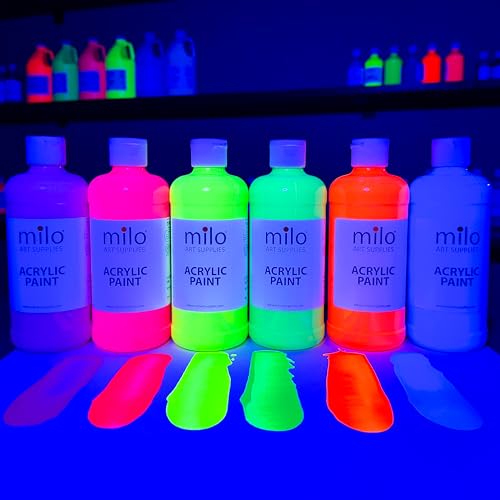 milo Fluorescent Acrylic Paint Set, 6 Neon UV Colors, 16 oz Bottles | Glows in Black Light, AP Certified Non-Toxic, Made in USA, Arts & Crafts Paints for Artists, Student, Hobby Painters, Mixable - style: Fluorescent Set 6 x 16 oz