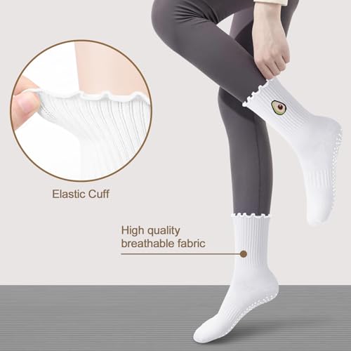 Women's Pilates Grip Socks, Ruffle Non Slip Bow Pattern Yoga Socks | Grippy, Frilly Trim, Embroidery, Crew Length, Soft Cotton, Arch Support, for Barre Ballet Dance Workout Hospital Home Gifts - color: E01-white(cherry) + White(avocado)
