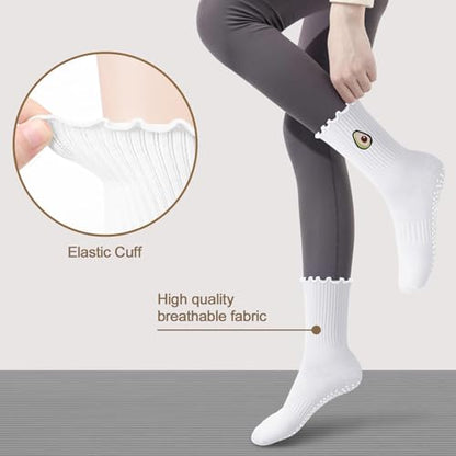 Women's Pilates Grip Socks, Ruffle Non Slip Bow Pattern Yoga Socks | Grippy, Frilly Trim, Embroidery, Crew Length, Soft Cotton, Arch Support, for Barre Ballet Dance Workout Hospital Home Gifts - color: E01-white(cherry) + White(avocado)